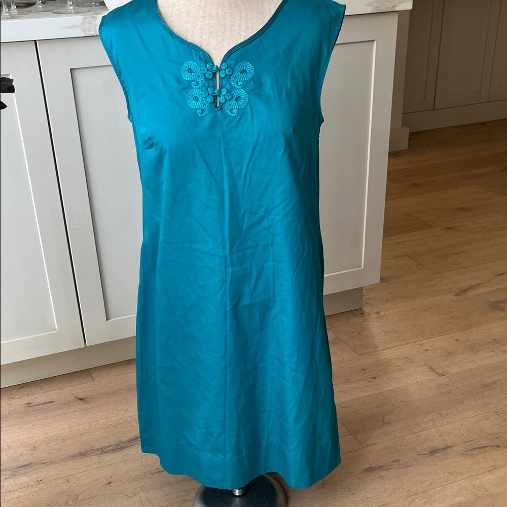 Calypso St Barth Teal Sleeveless Dress with Embroidered Detail -side zip&pockets